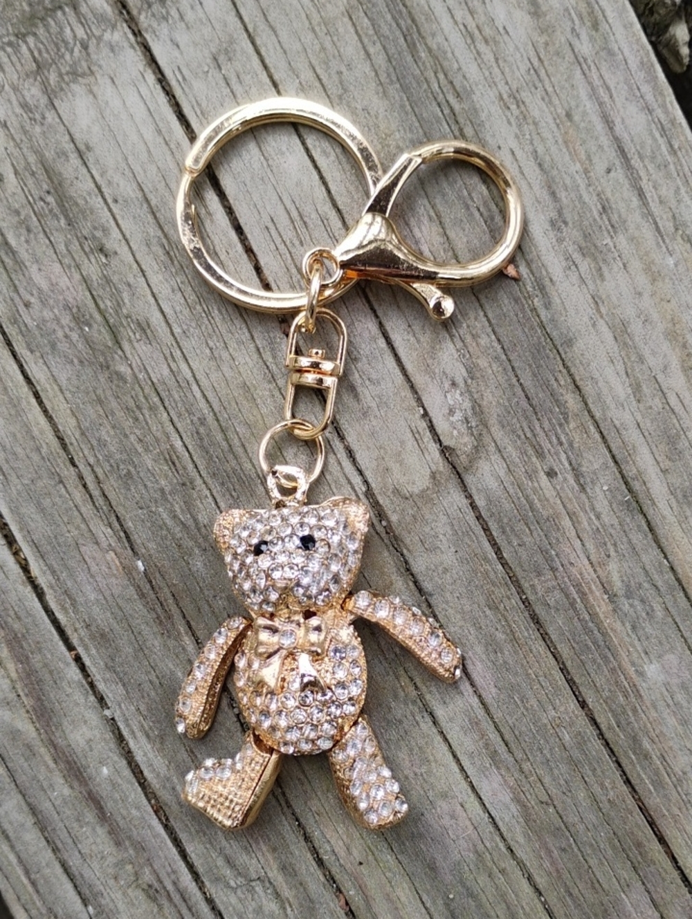 Golden Rhinestone Teddy Bear Bag Charm Keychain